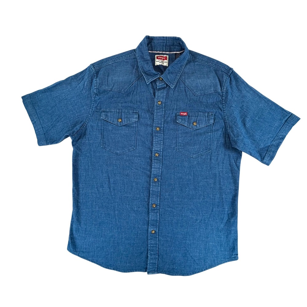 Wrangler Western Shirt Mens Large Blue Denim Short Sleeve Pearl Snap Cowboy